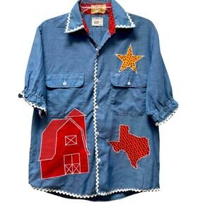 Vtg. Western Shirt Womens Art To Wear Texas Barn Artsy Folk Appliqué No Iron 70s